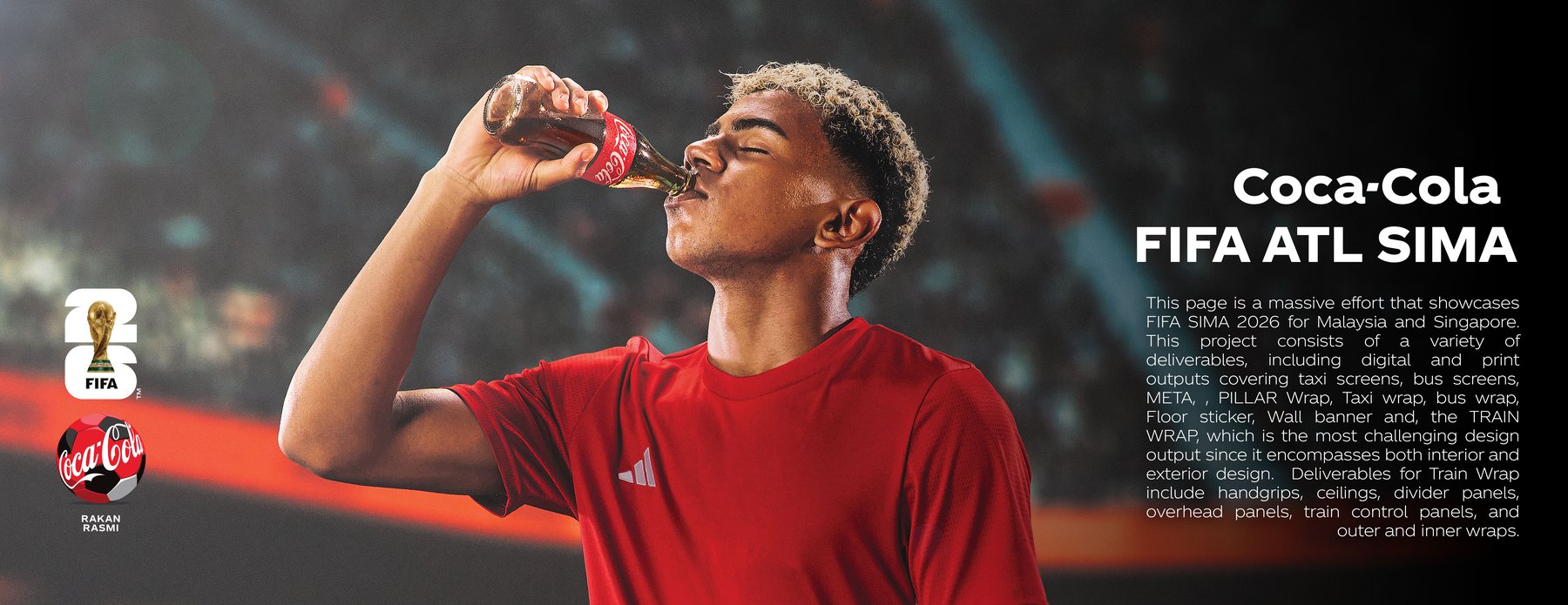 Coca-Cola FIFA ATL SIMA campaign overview, player drinking Coca-Cola, official partner logos