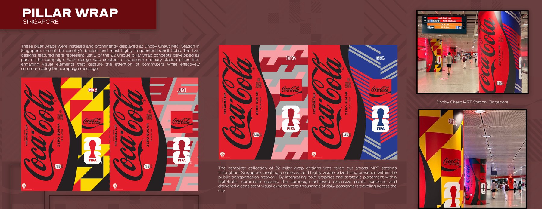 Coca-Cola FIFA World Cup pillar wrap designs for England, France, Germany and Japan, plus real install photos at Dhoby Ghaut MRT Station, Singapore