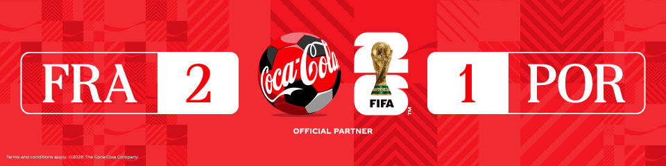 Taxi roof screen, live-score format: France 2, Portugal 1, with the Coca-Cola and FIFA World Cup 26 marks