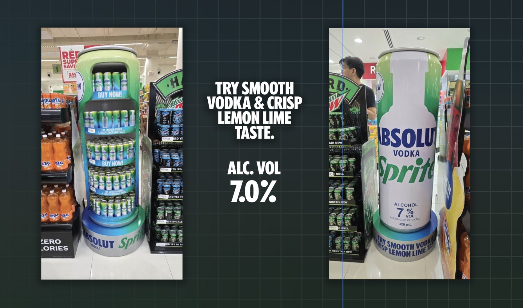 Absolut x Sprite Shopper MDU display side by side, the compact in-aisle install next to a close-up of the bottle-shaped can graphic at the top of the display