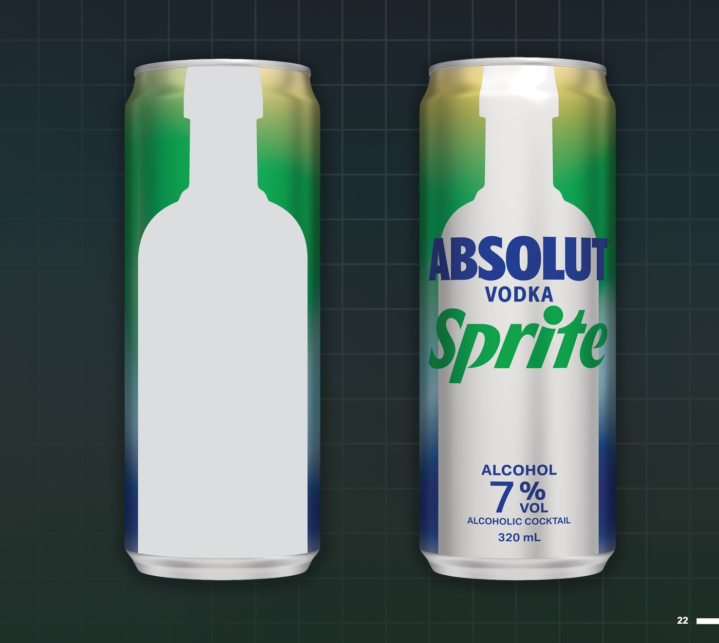 Absolut Sprite can label production art, a blank bottle-silhouette die-line next to the finished label with the Absolut Vodka and Sprite lockup, 7 percent alcohol and 320 milliliter callouts