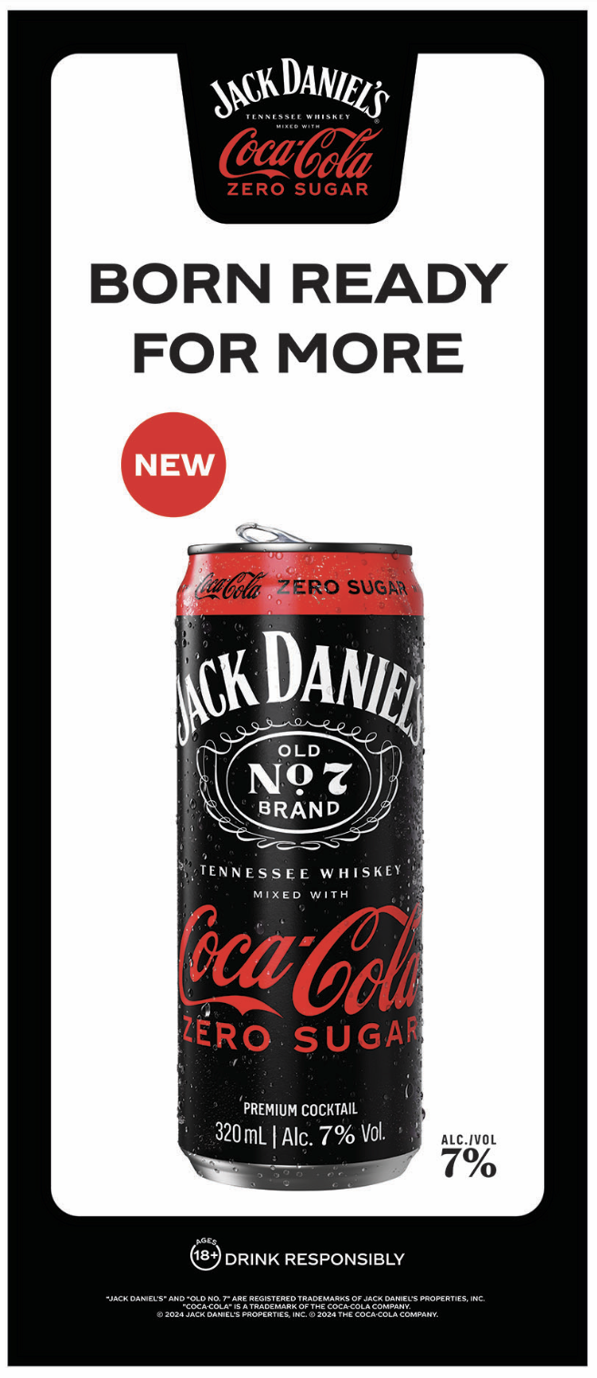 Born Ready vertical fulldoor sticker production art for the fridge decal, with the Jack Daniel's x Coca-Cola lockup, product shot, and required drink responsibly and trademark callouts