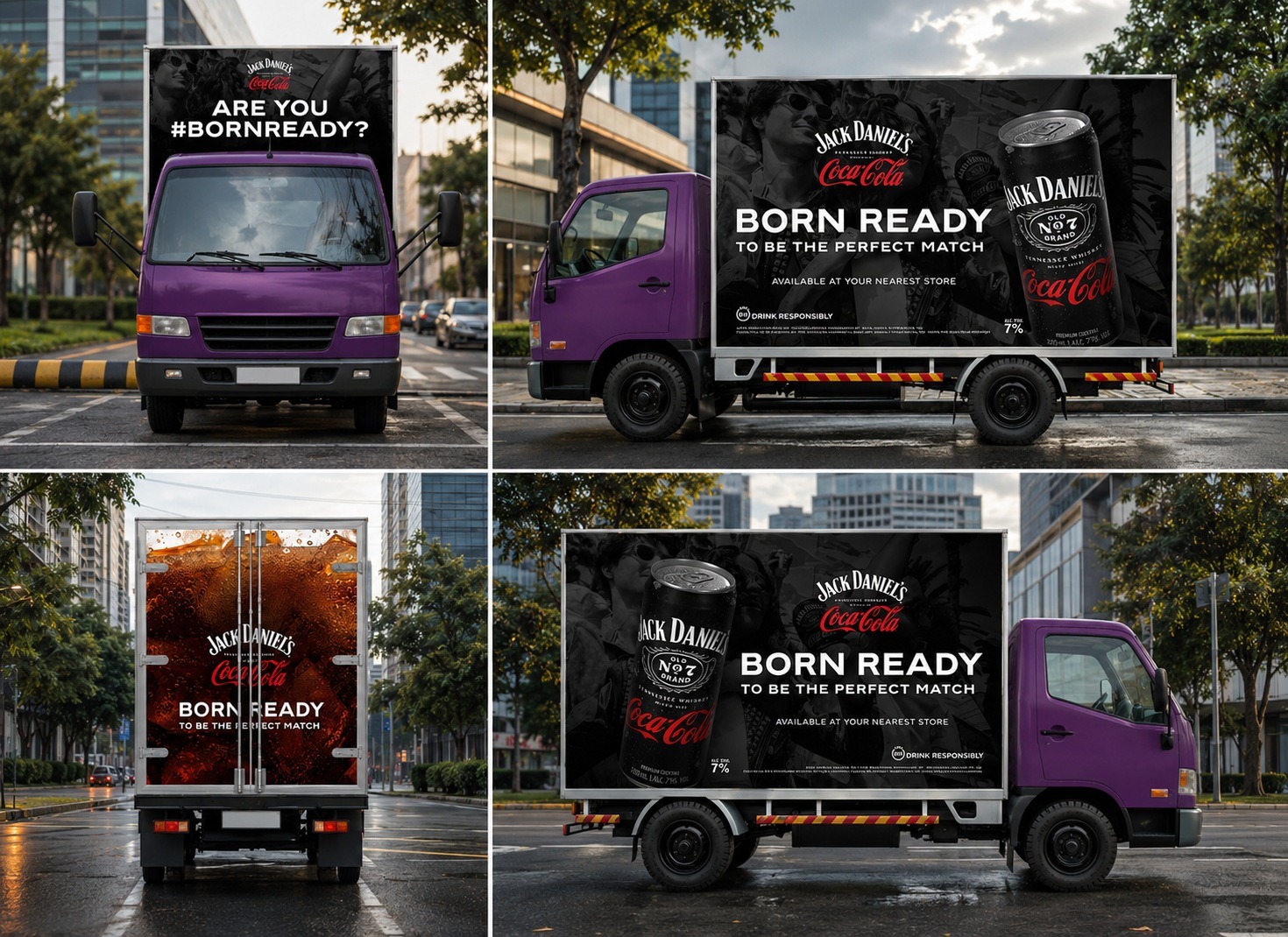Born Ready Jack Daniel's x Coca-Cola delivery truck wrap mockup, four elevations showing the front cab, both side panels, and the rear door, with breathing space between each