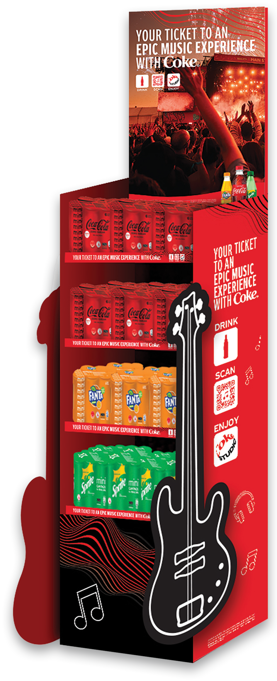 Coca-Cola Fanta and Sprite Your Ticket to an Epic Music Experience single-column display rack mockup, a guitar-necked tower shelving Coca-Cola, Fanta, and Sprite
