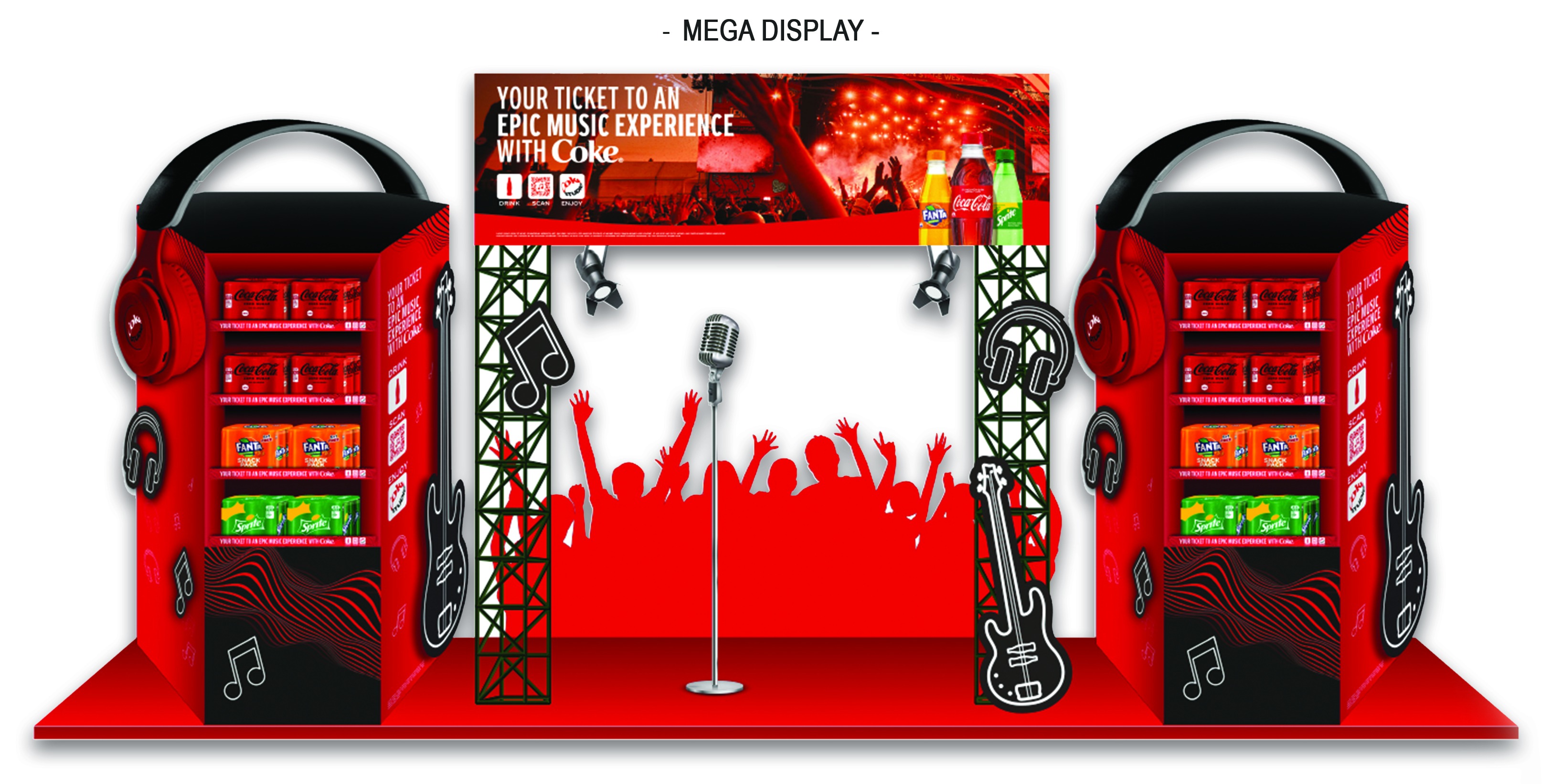 Coca-Cola Fanta and Sprite concert-themed mega display mockup, twin headphone-shaped speaker towers flanking a stage arch with a header banner, truss lighting, and a crowd silhouette