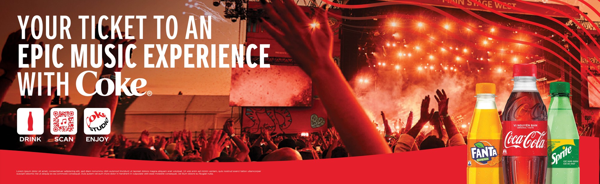Mega display header board production file, the Your Ticket to an Epic Music Experience with Coke headline over a festival crowd photo with Drink Scan Enjoy icons and the Fanta, Coca-Cola, and Sprite lineup