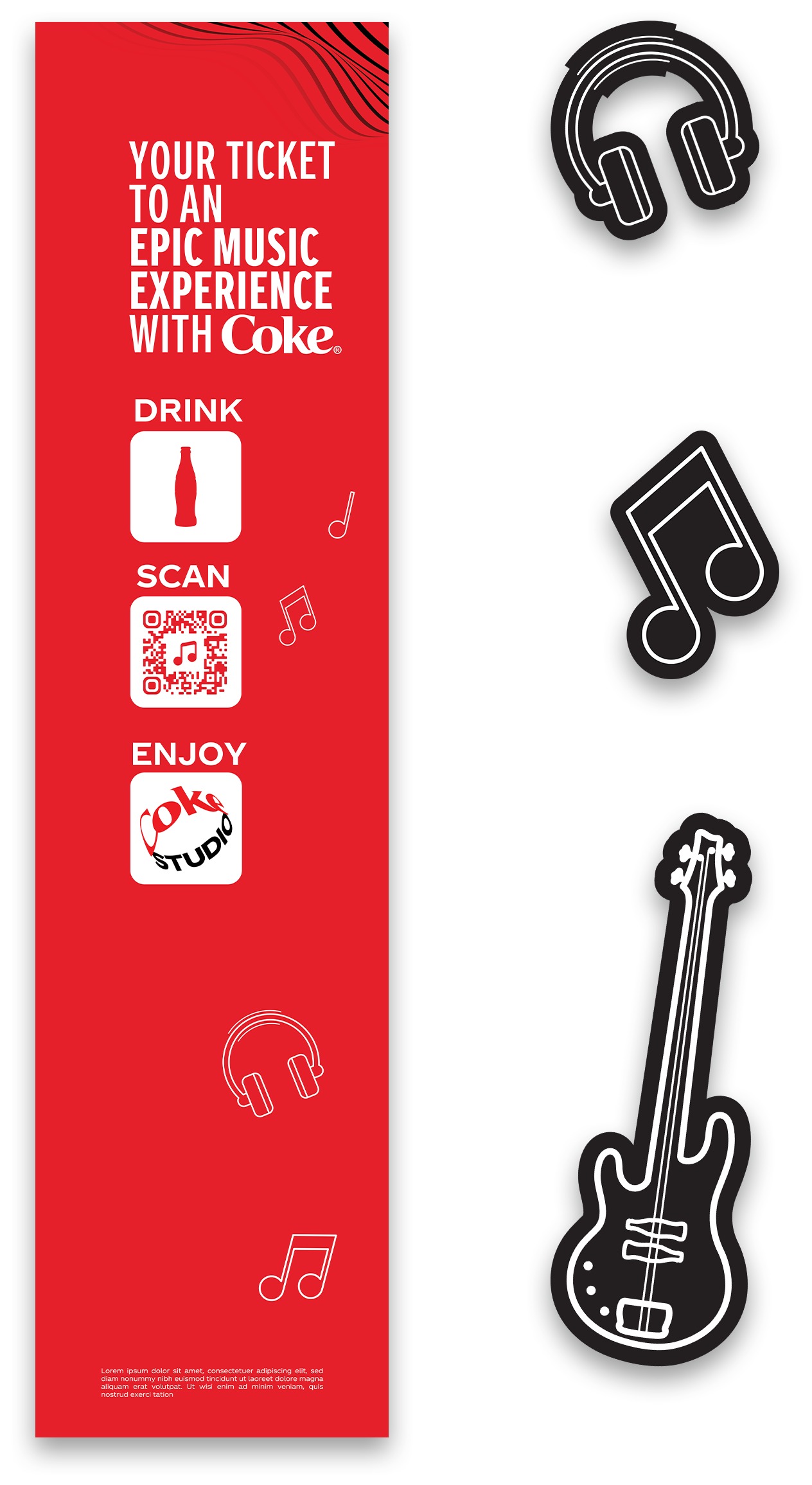 Mega display header and side panel production art, the Your Ticket to an Epic Music Experience with Coke headline with Drink Scan Enjoy icons next to the die-cut guitar headphone and music note trim