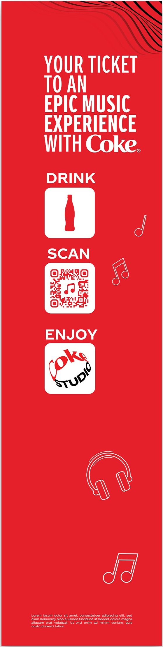 Your Ticket to an Epic Music Experience single side panel production art, showing the Drink Scan Enjoy icon stack and headphone and music note trim