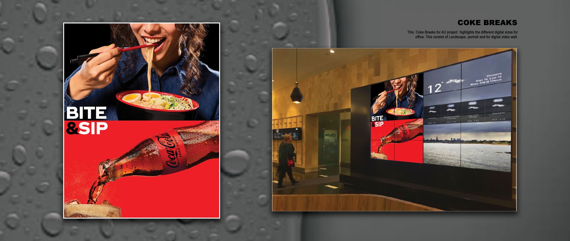 Coke Breaks Bite and Sip key visual, a ramen bowl paired with a pouring Coca-Cola Zero Sugar bottle, shown mocked up on an office lobby digital video wall