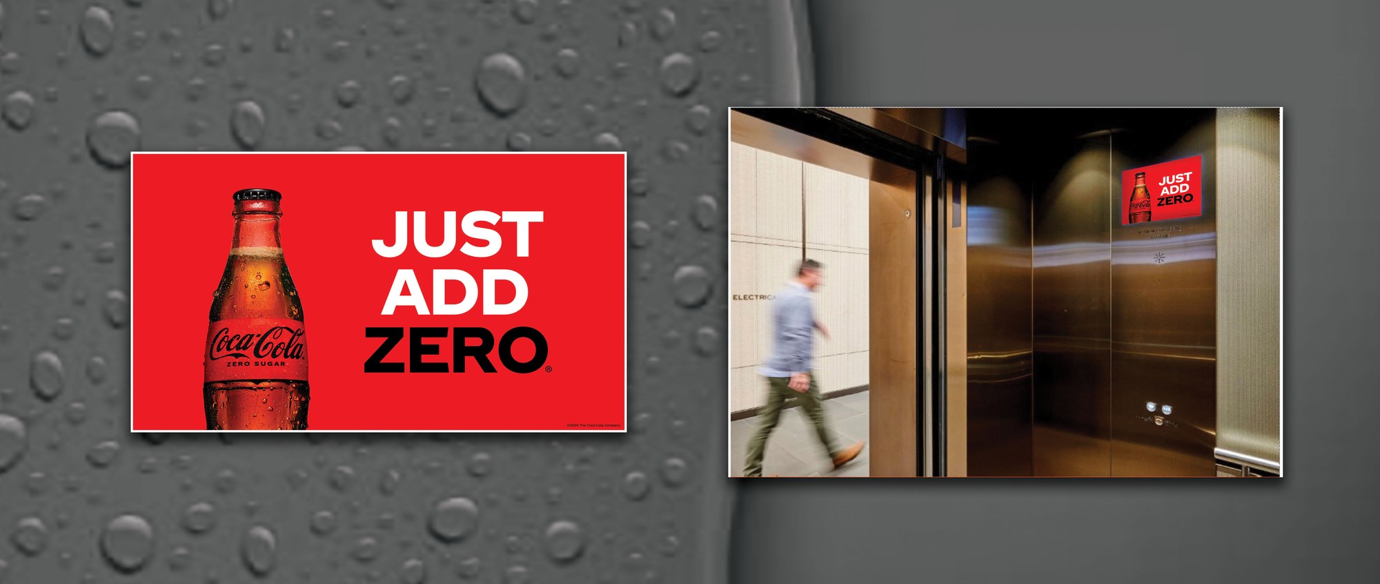 Just Add Zero landscape key visual, a Coca-Cola Zero Sugar bottle, shown mocked up on a landscape digital screen inside an office elevator