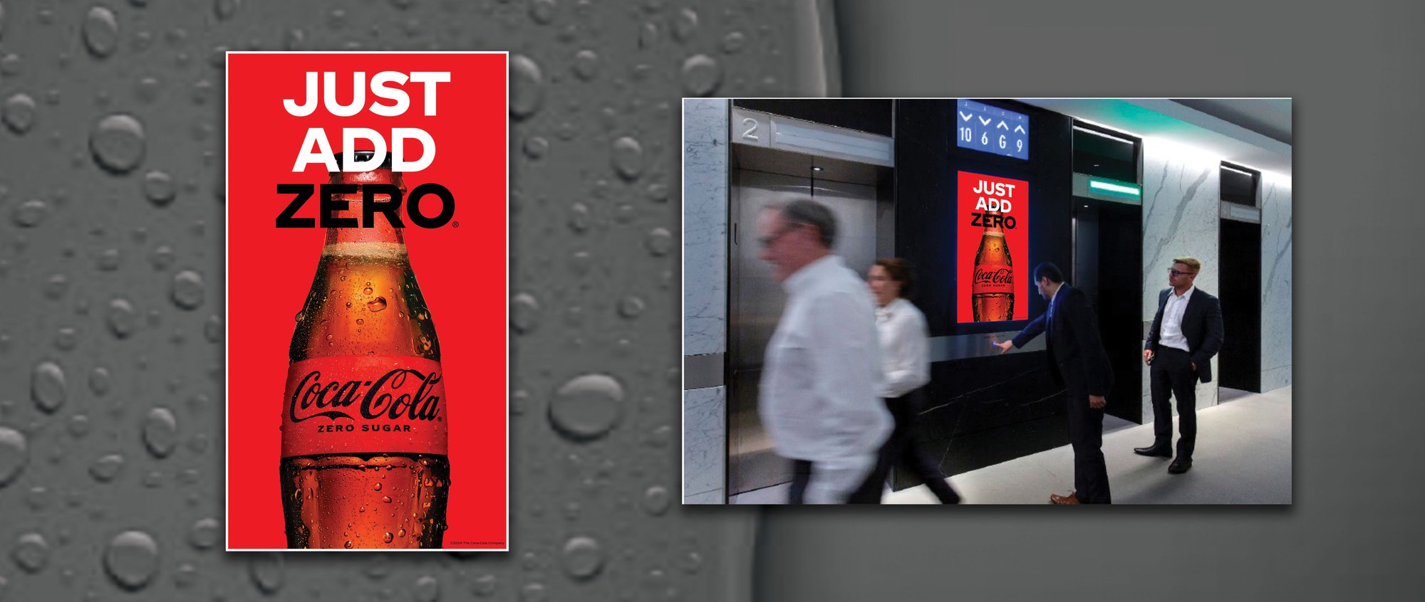 Just Add Zero portrait key visual, a Coca-Cola Zero Sugar bottle, shown mocked up on a portrait digital screen beside an office elevator bank