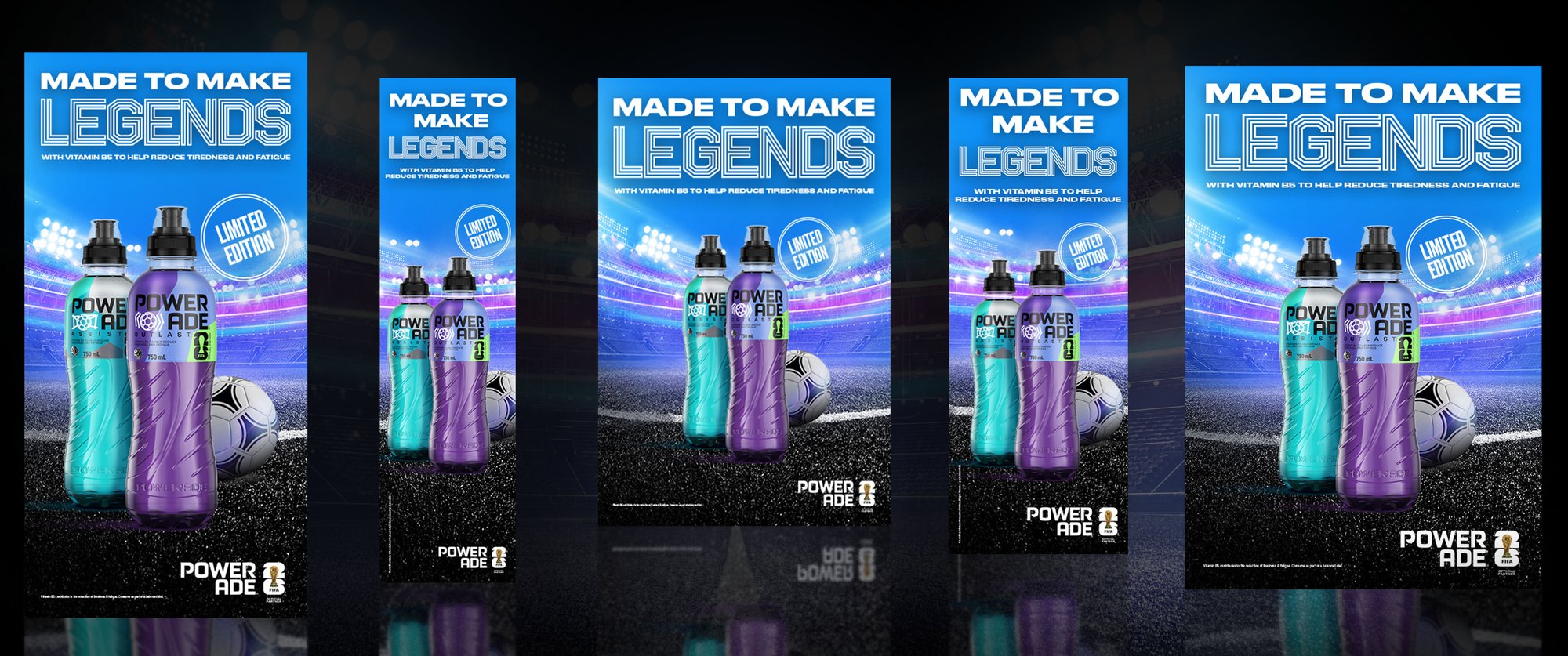 Made to Make Legends key visual shown resized across five different DOOH panel proportions to demonstrate scalability