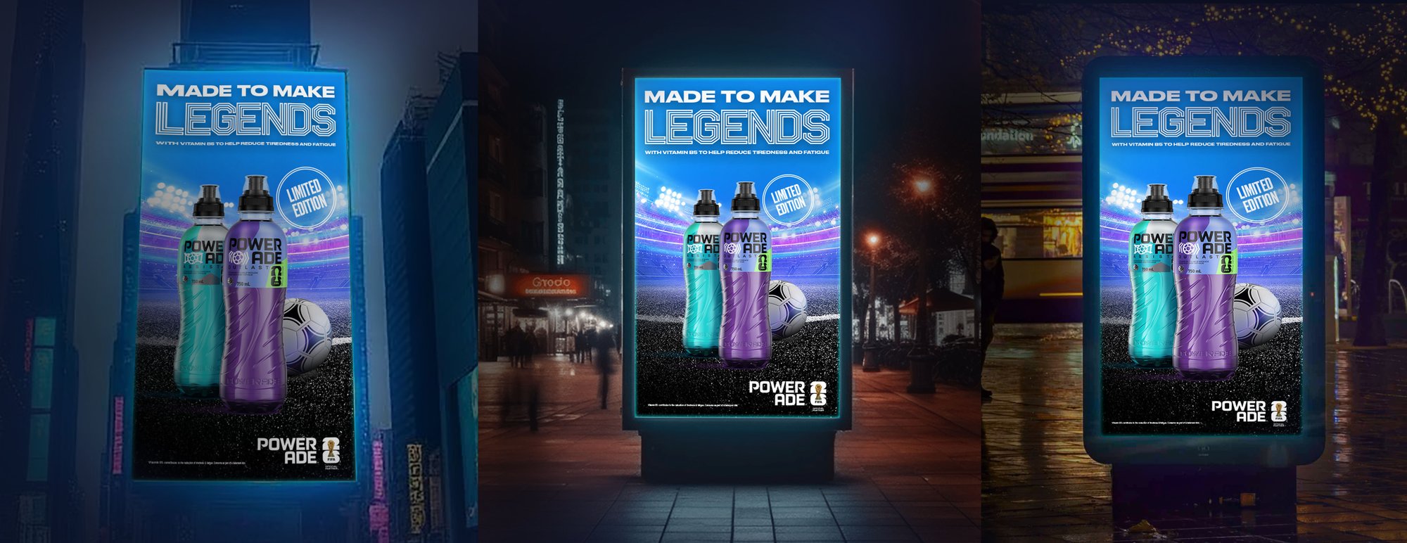 Made to Make Legends key visual mocked up across three street-level citylight panels at night