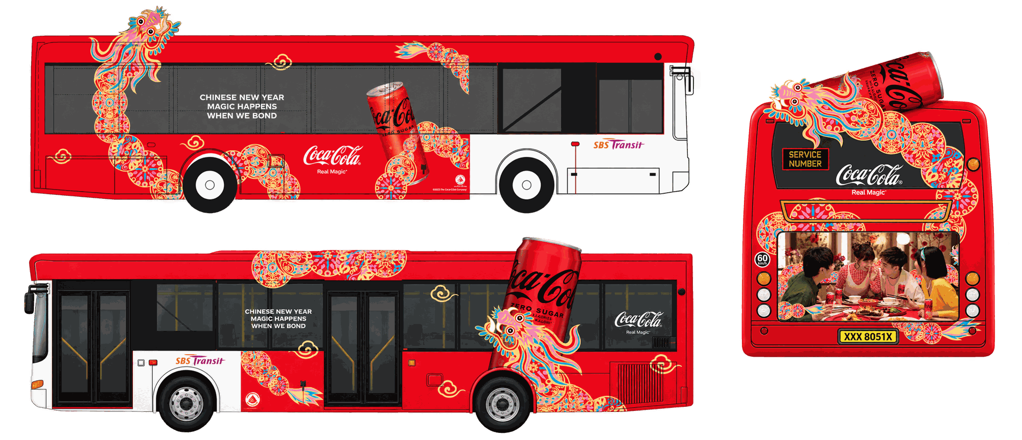 Coca-Cola Chinese New Year bus livery flat production mockup sheet, showing front, rear, and side elevations of the full bus wrap design with the dragon motif and SBS Transit branding