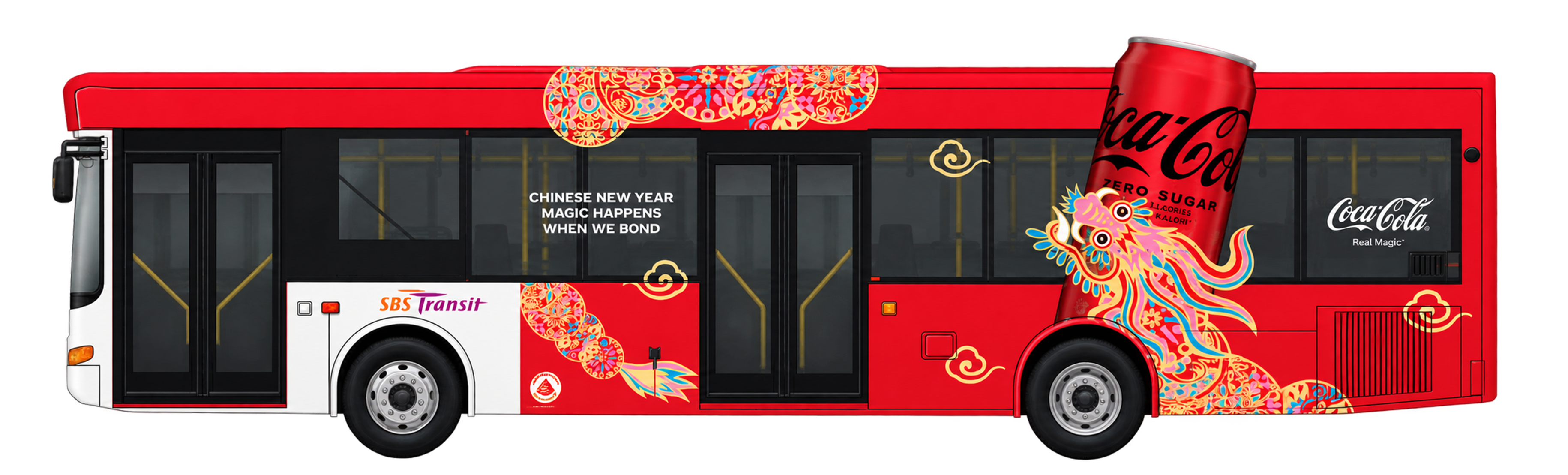 Coca-Cola Chinese New Year bus wrap flat design, dragon motif in red and gold