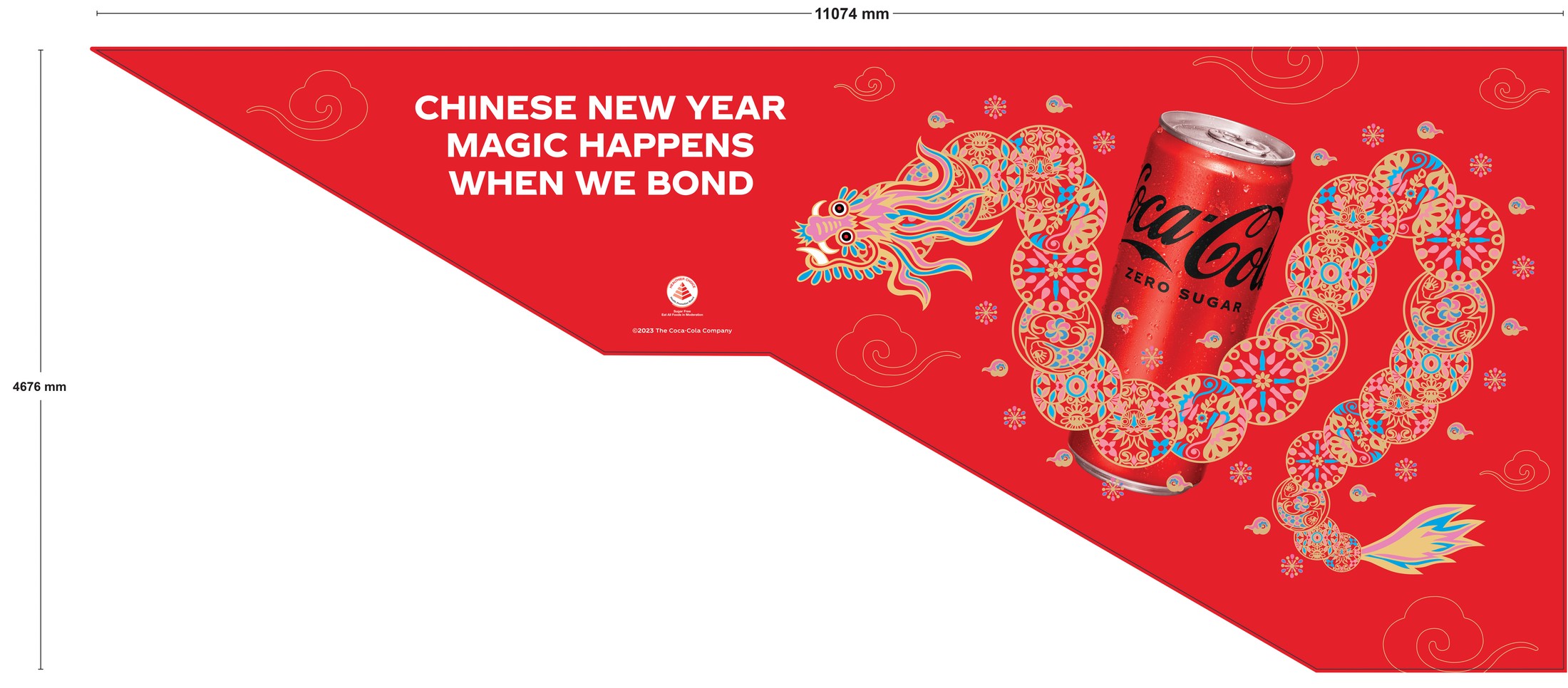 Coca-Cola Chinese New Year escalator wall sticker production flat for Paya Lebar MRT, the dragon and Coca-Cola Zero Sugar can artwork laid out at full installation dimensions, 11074mm by 4676mm