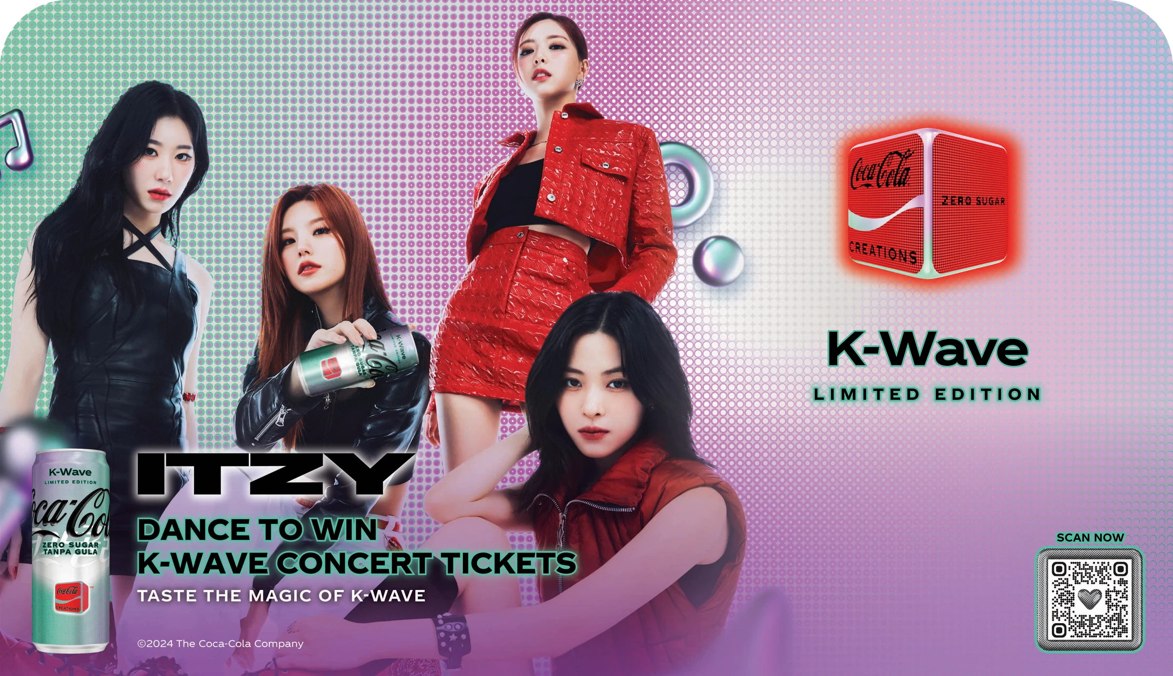 ITZY Coca-Cola K-Wave Limited Edition wide banner, Dance to Win K-Wave concert tickets contest with QR code
