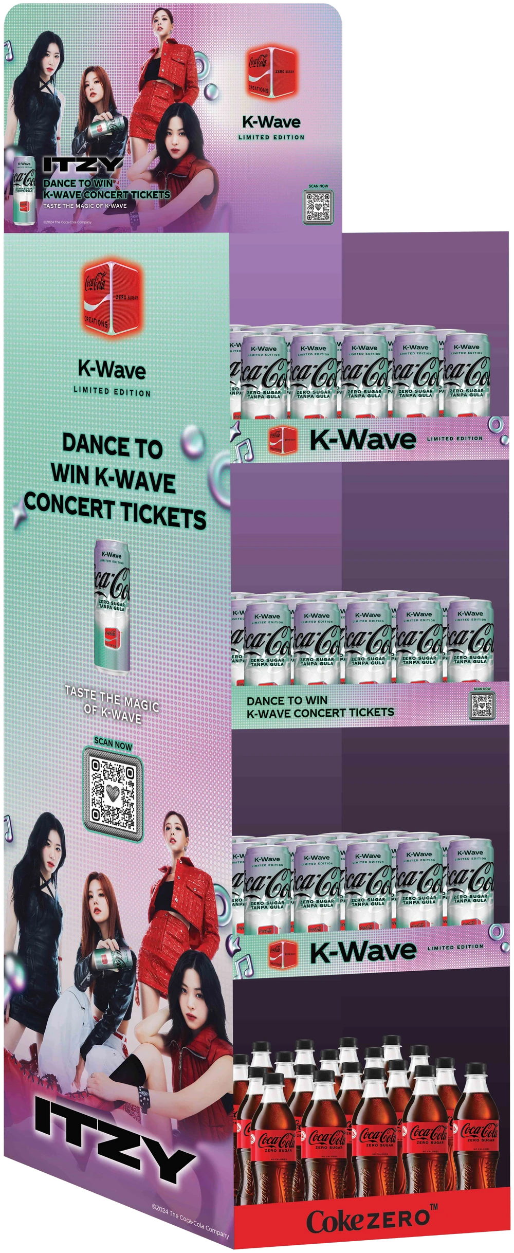 3D render mock-up of the ITZY Coca-Cola K-Wave floor display, wrapped in the wordmark, contest, and Coke Zero banner artwork stacked over shelves of K-Wave cans and bottles