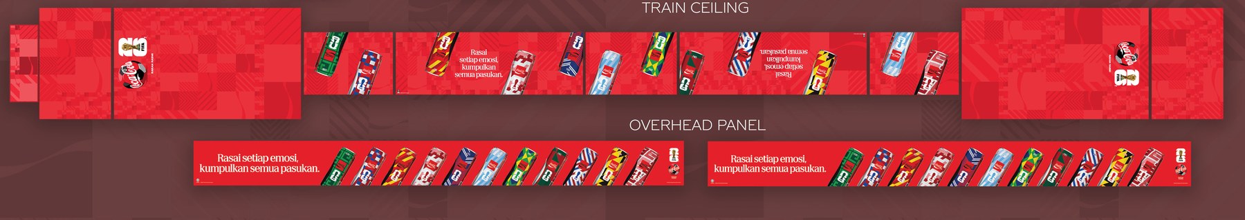 Coca-Cola FIFA World Cup LRT train ceiling strip artwork with rotated can graphics and campaign copy