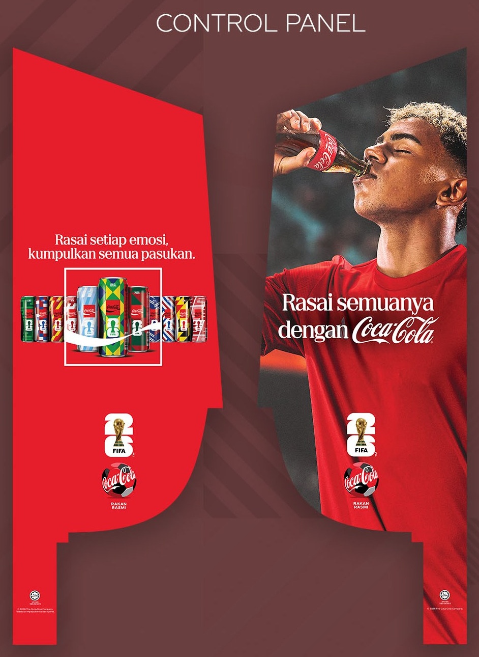 Coca-Cola FIFA World Cup LRT train control panel artwork, two panel designs with country-flag can lineup and player photography