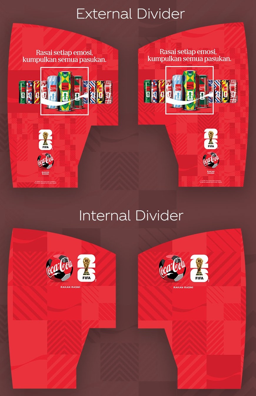 Coca-Cola FIFA World Cup LRT train divider panels, external and internal versions with can lineup and partner logos