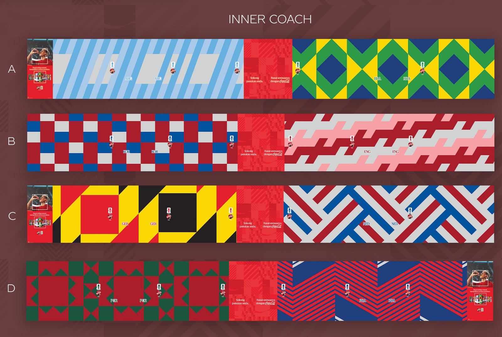 Coca-Cola FIFA World Cup LRT inner coach wall patterns, four country-flag variants: Argentina, Brazil, Korea, England, Germany, Netherlands, Portugal, France