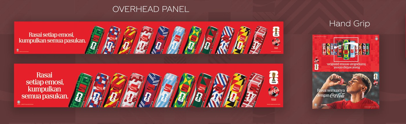 Coca-Cola FIFA World Cup LRT overhead panel banners with full country can lineup, and hand grip artwork