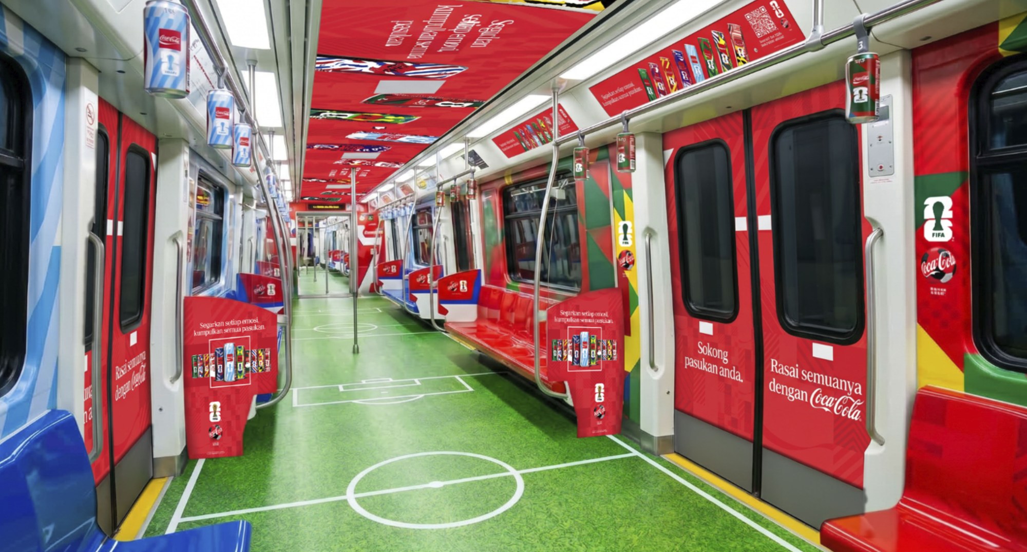 Coca-Cola FIFA World Cup LRT train interior, full football pitch floor graphic and ceiling wrap, Malaysia