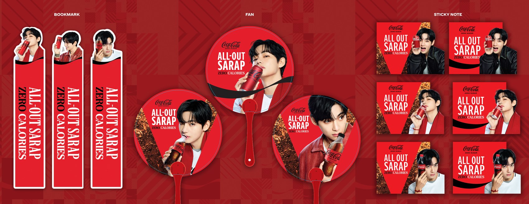 Coke Time V bookmark, hand fan and sticky note giveaway items featuring K-pop artist V