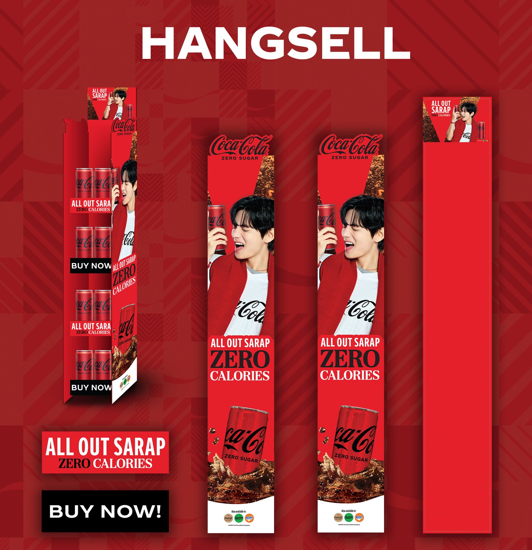Coke Time V hangsell display strips featuring K-pop artist V, three width variants