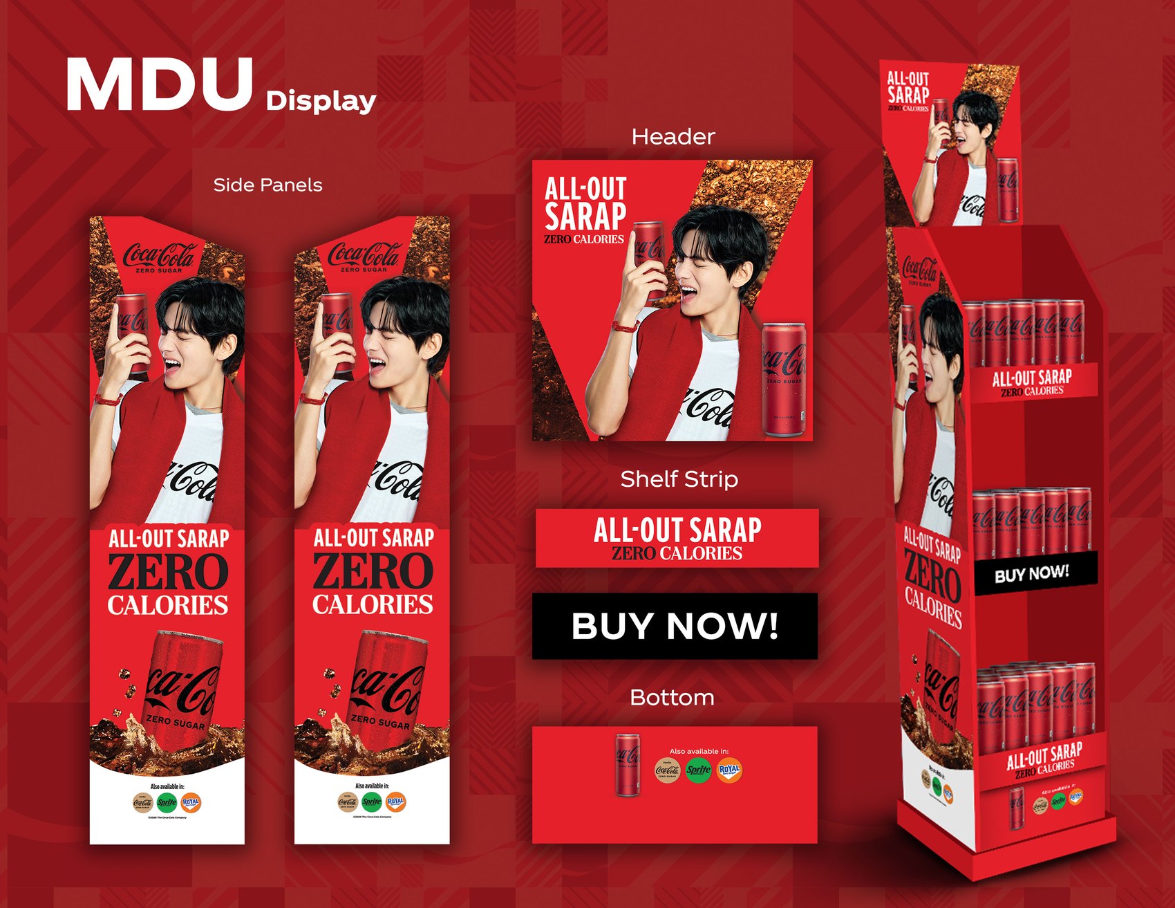 Coke Time V MDU display components: side panels, header, shelf strip, bottom label, and two full display tower renders