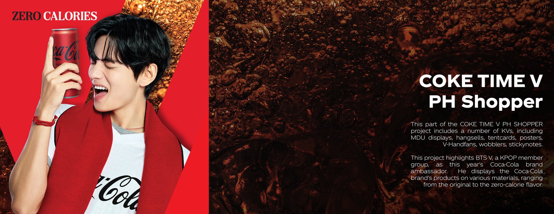 Coke Time V PH Shopper overview, K-pop artist V with Coca-Cola Zero can, Coca-Cola splash background
