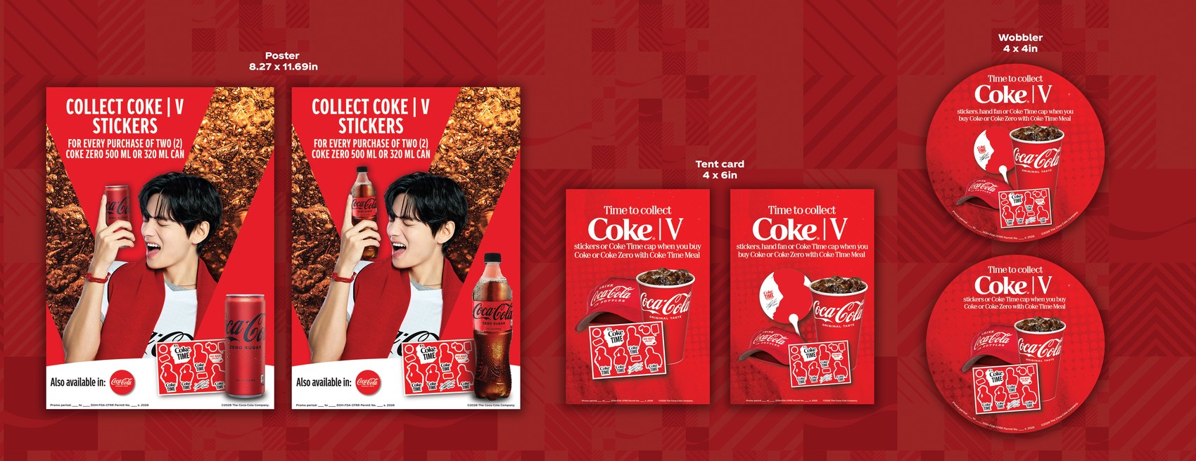 Coke Time V poster, tent card and wobbler promotional materials for the Coke V sticker collection
