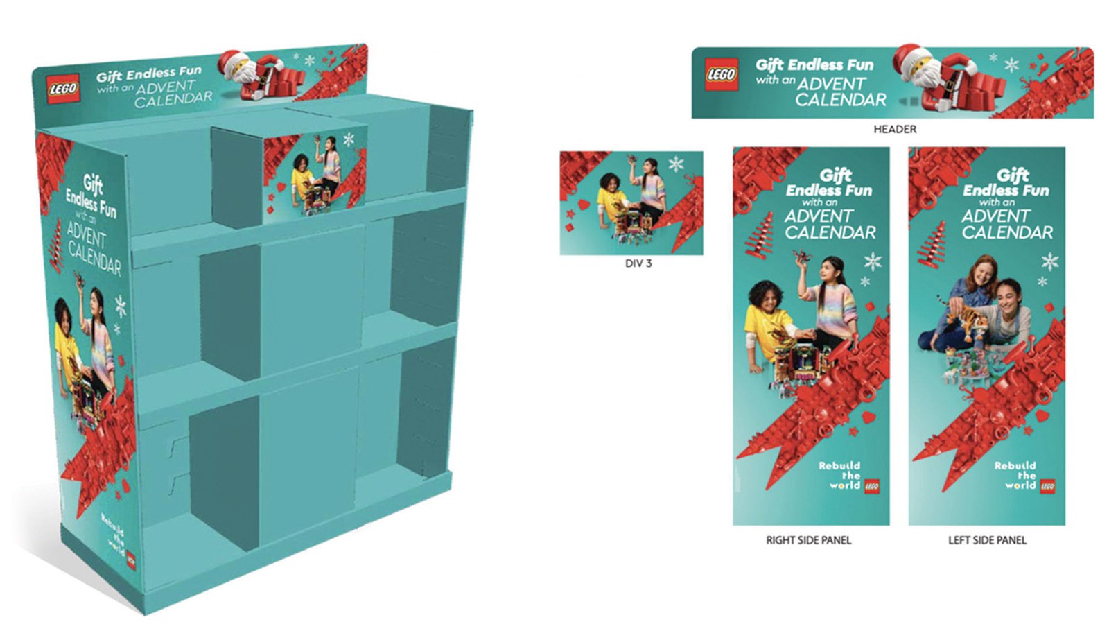 LEGO Advent Calendar seasonal display, full render plus header, div 3, and left and right side panel breakdown