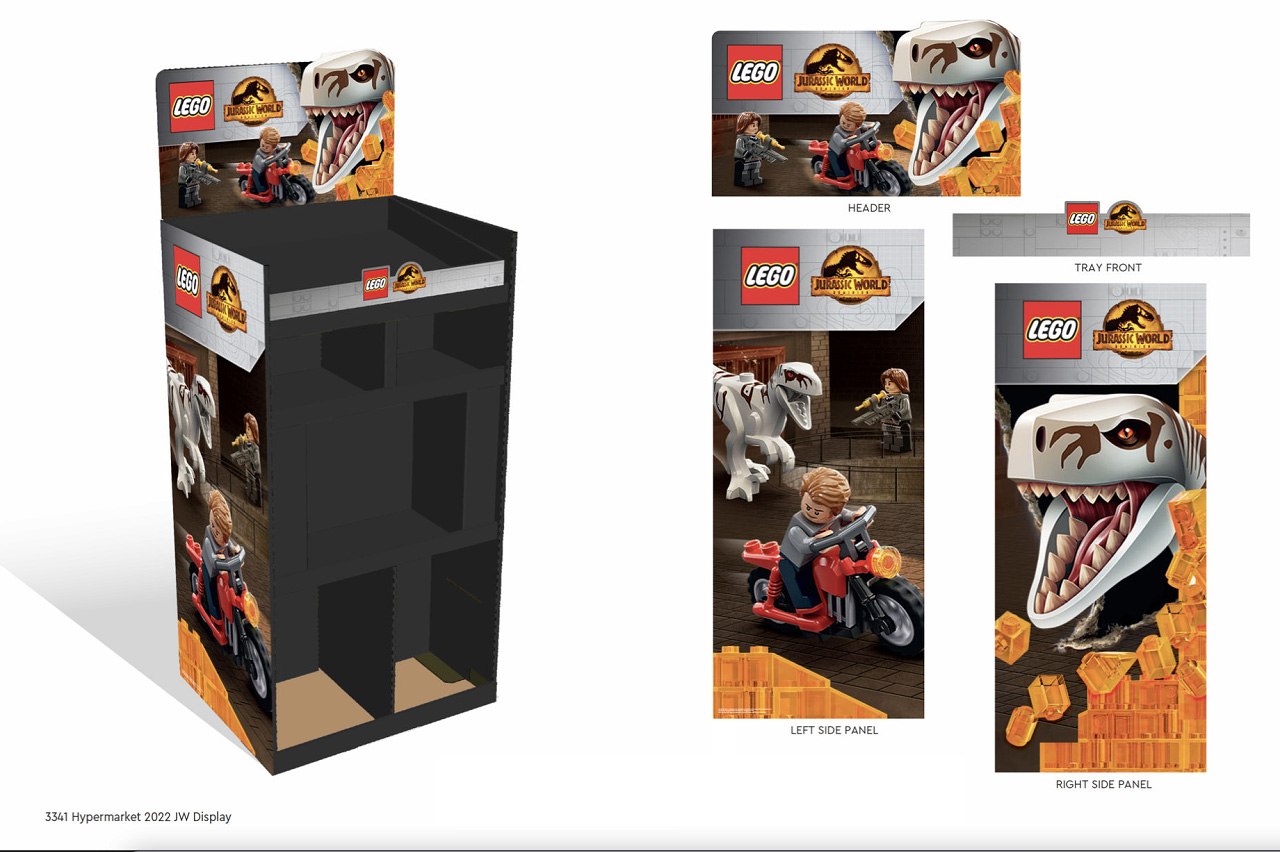 LEGO Jurassic World hypermarket floor display, full structural render plus header, tray front, and left and right side panel breakdown