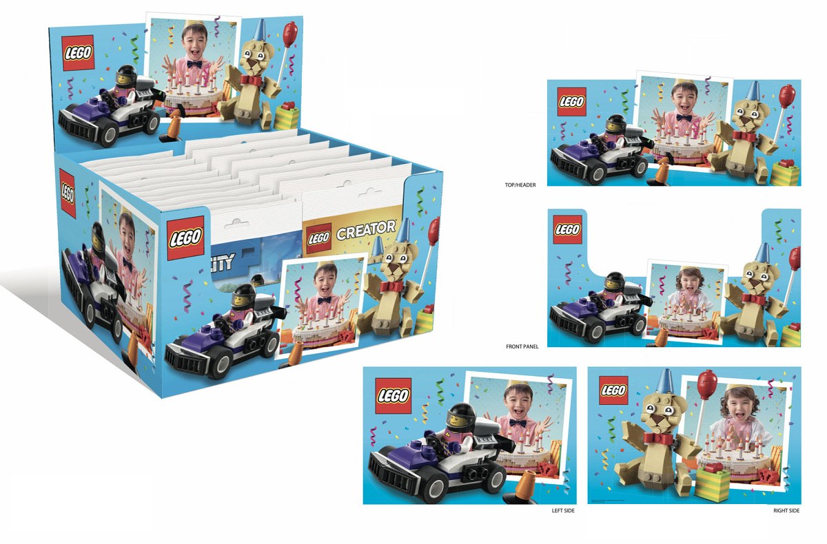 LEGO City and LEGO Creator birthday-themed countertop display box, with top header, front panel, and left and right side panel breakdown