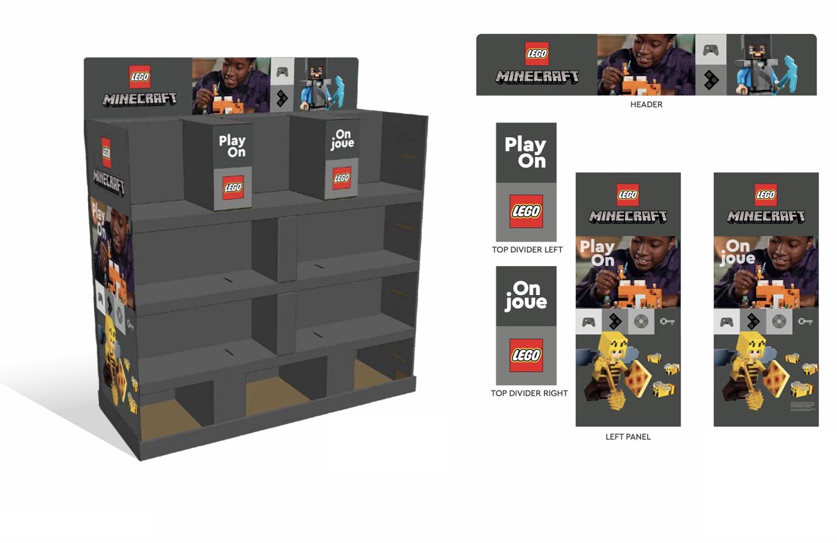 LEGO Minecraft display breakdown: header, top dividers, and bilingual English and French left panel variants