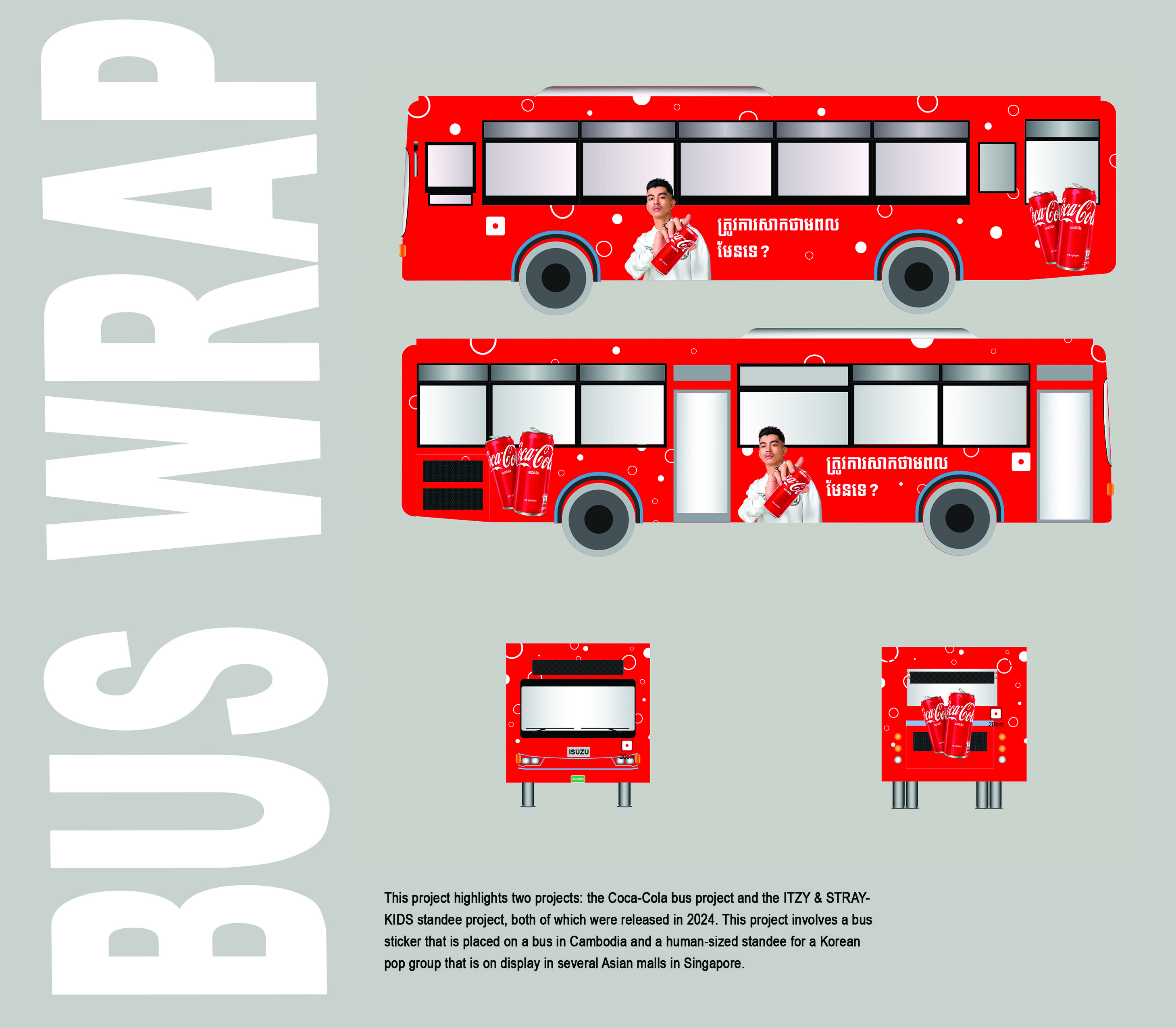 Coca-Cola bus wrap full design breakdown in Khmer script, both vehicle sides plus front and rear panels, Cambodia