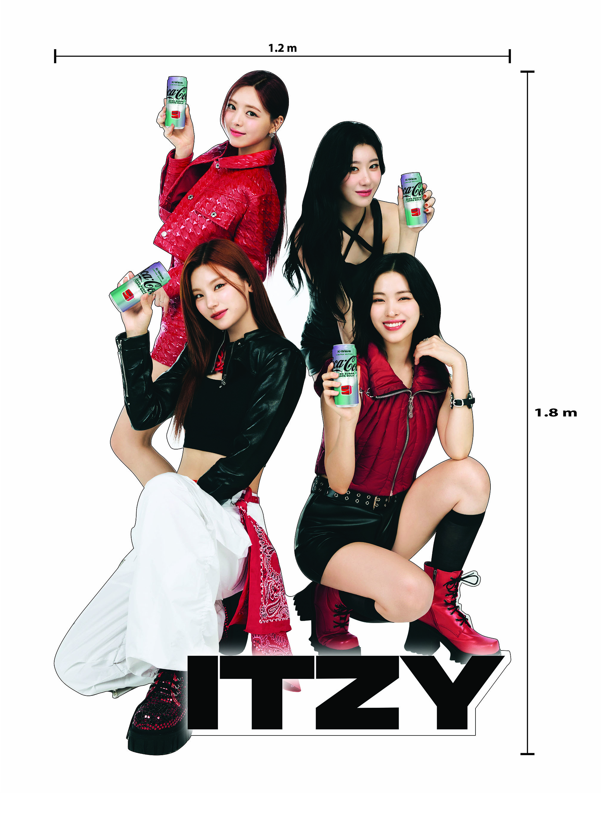 Coca-Cola K-Wave shopper standee spec sheet for ITZY, all four members holding Coca-Cola cans, 1200 by 1800mm die-cut dimensions