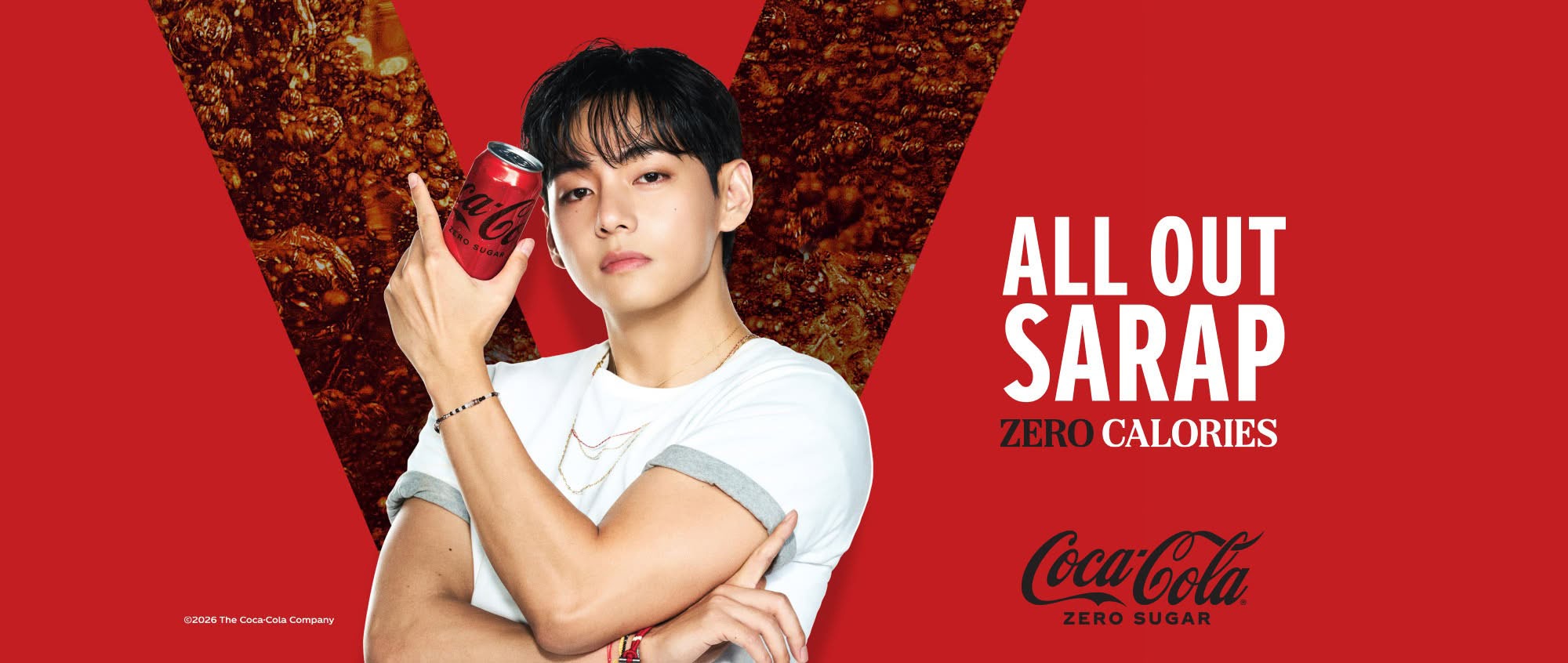 Coca-Cola All Out Sarap Zero Calories key visual featuring BTS V, wide Facebook cover crop