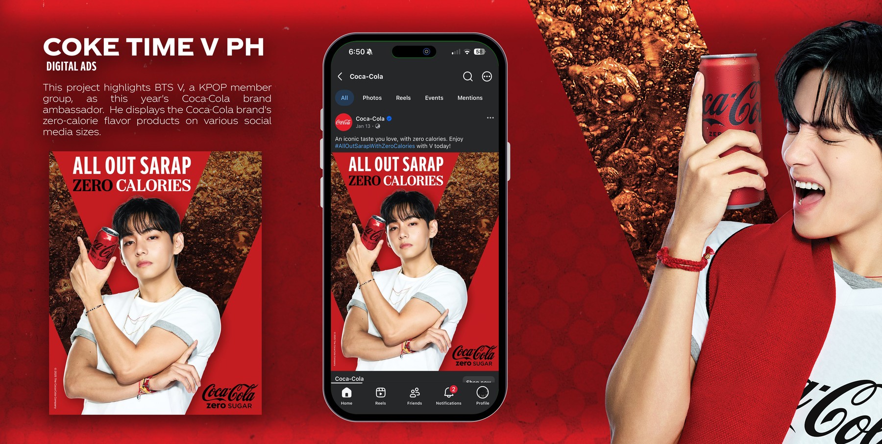 Coca-Cola Coke Time V PH campaign deck slide featuring BTS V for the All Out Sarap Zero Calories campaign, Philippines