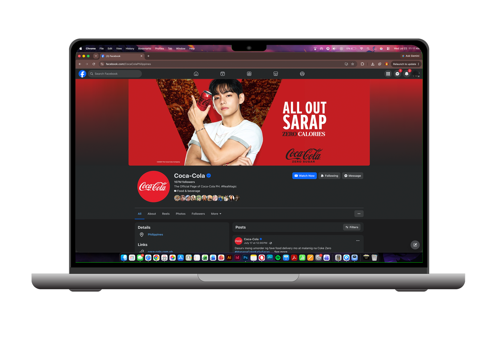 Coca-Cola Philippines Facebook page cover shown live on desktop, featuring BTS V for All Out Sarap Zero Calories