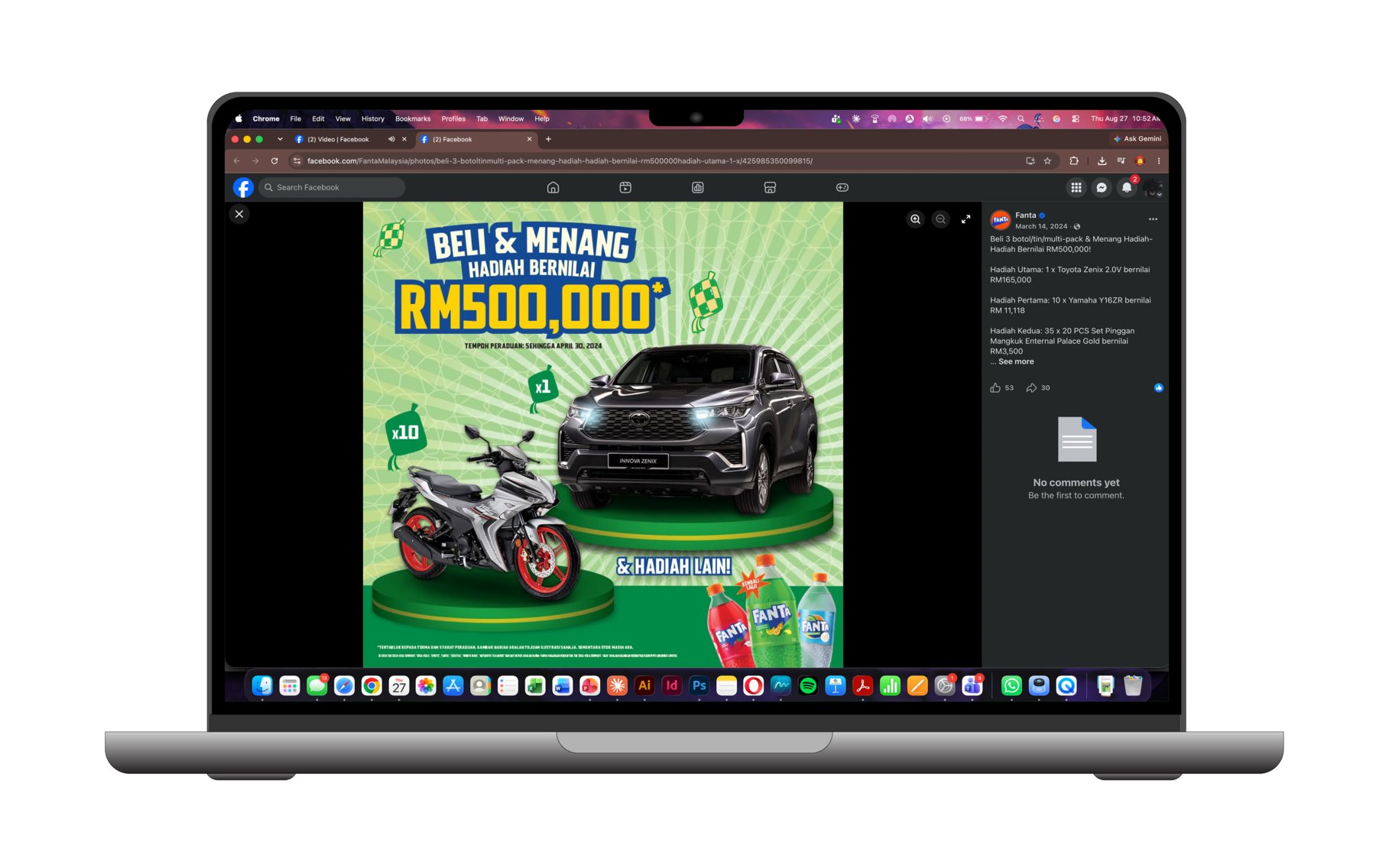 Fanta Malaysia Facebook post for the Beli and Menang RM500,000 contest, shown live on desktop Facebook