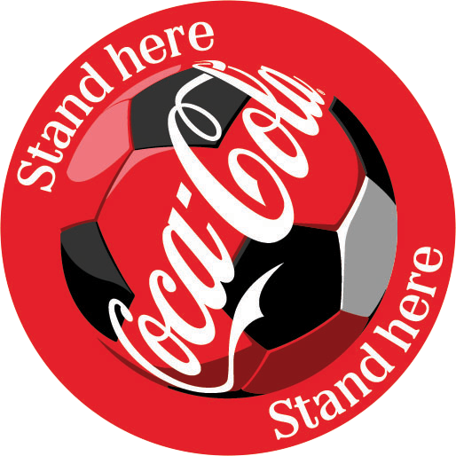 Stand Here campaign badge, a red Coca-Cola football roundel with the Stand Here wordmark