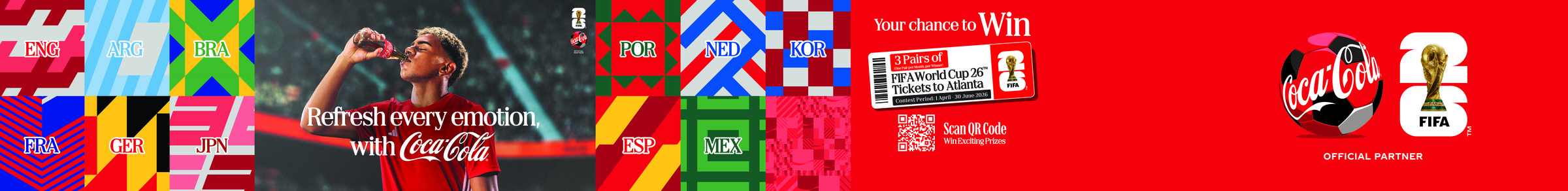 Stand Here wall graphic, Coca-Cola x FIFA World Cup 26 contest banner with country flag blocks and a chance to win tickets to Atlanta, print-ready production file
