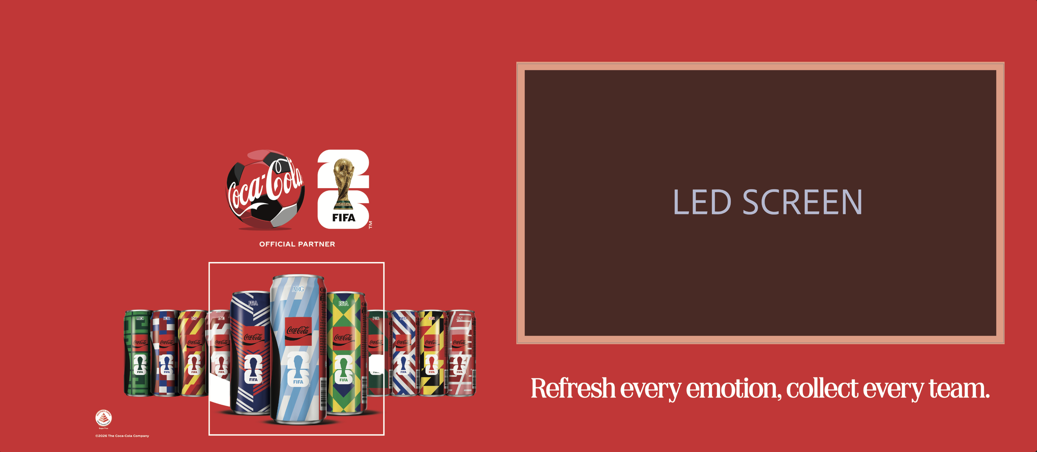 Stand Here second wall graphic, Coca-Cola x FIFA World Cup 26 can lineup with reserved cutout for the embedded interactive LED screen, print-ready production file