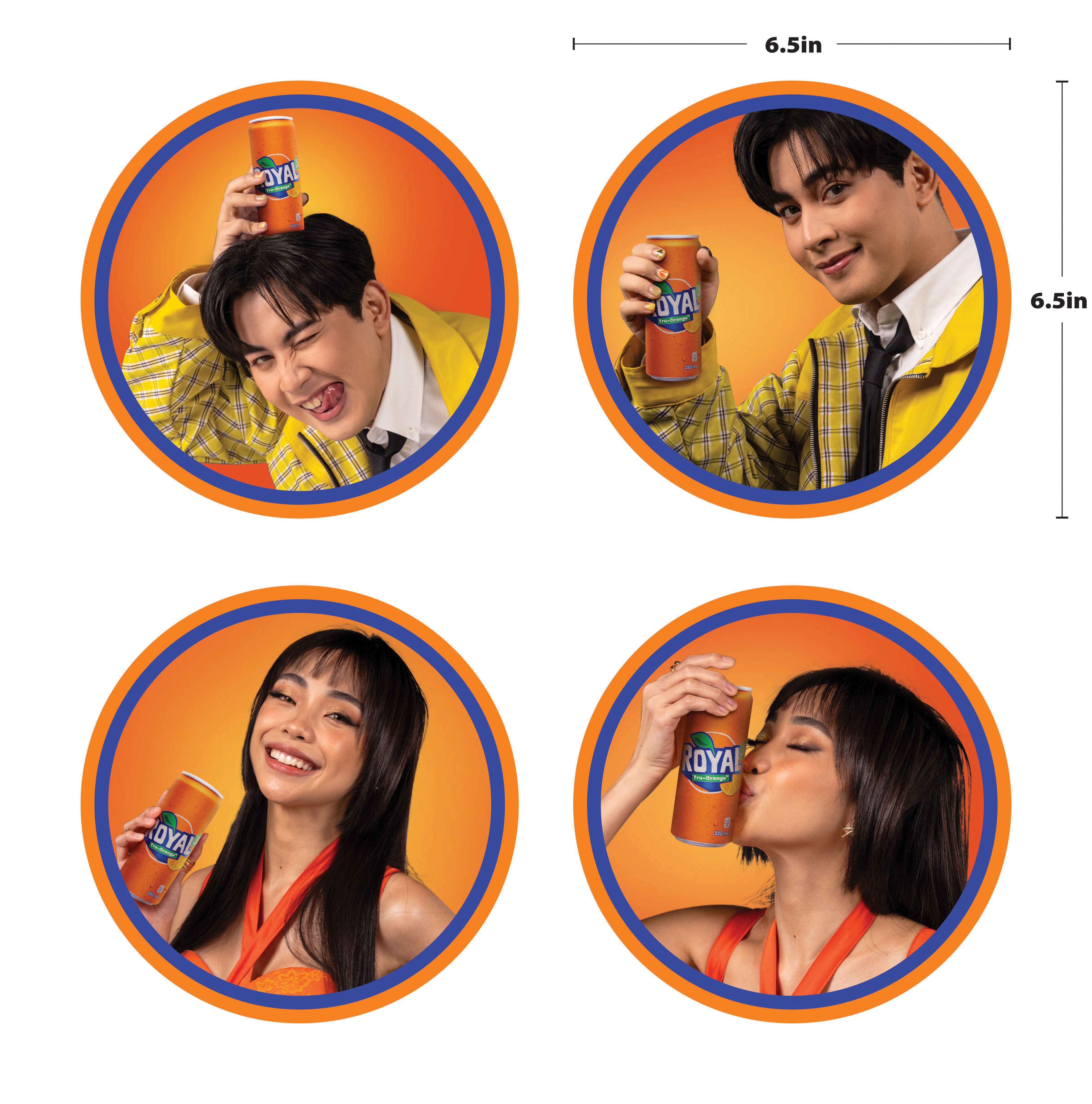 Royal Reset Shopper die-cut photo tag production sheet, four 6.5 by 6.5 inch circular tags with talent shots mid-sip, print-ready file with dieline guides