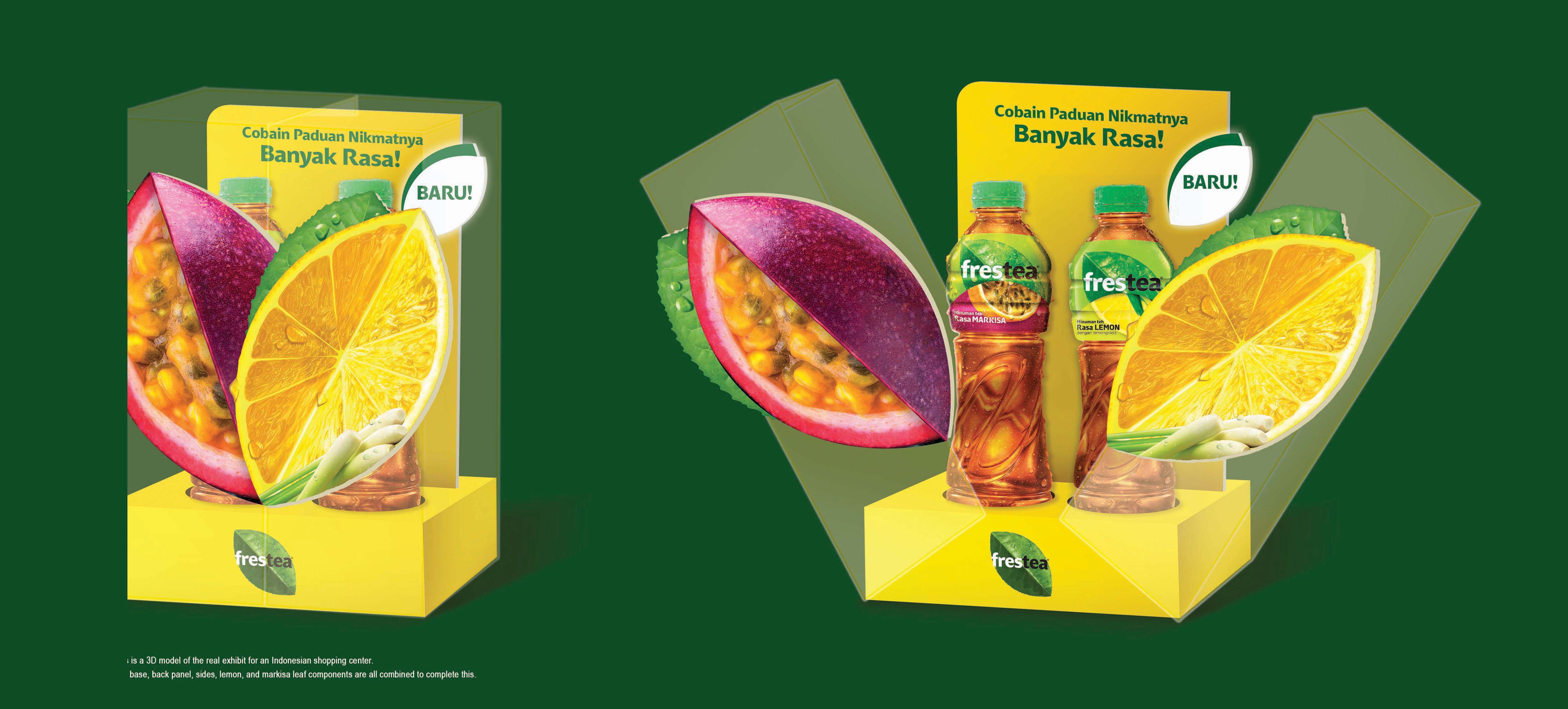 Frestea glorifier shown closed as a compact flat-packed box next to the same display fully opened into its V-shaped fruit-slice reveal