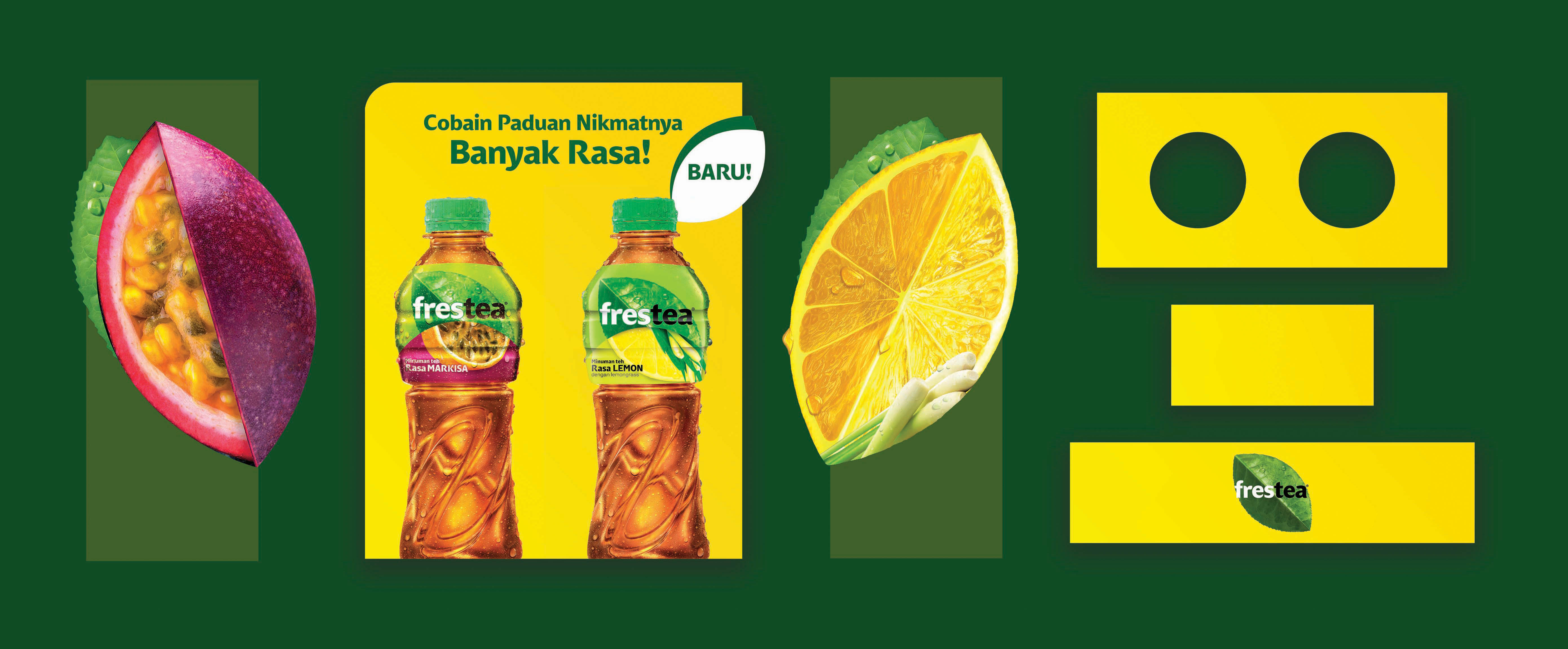Frestea glorifier flattened production components: passionfruit slice, header card with both bottles, lemon slice, and the base, back panel, and branded strip pieces, laid out as separate die-cut files