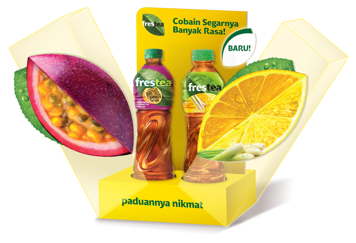 Frestea Markisa and Lemon 3D glorifier display, fully opened, with sliced passionfruit and lemon graphics framing the two bottles and the Cobain Paduan Nikmatnya, Banyak Rasa! headline